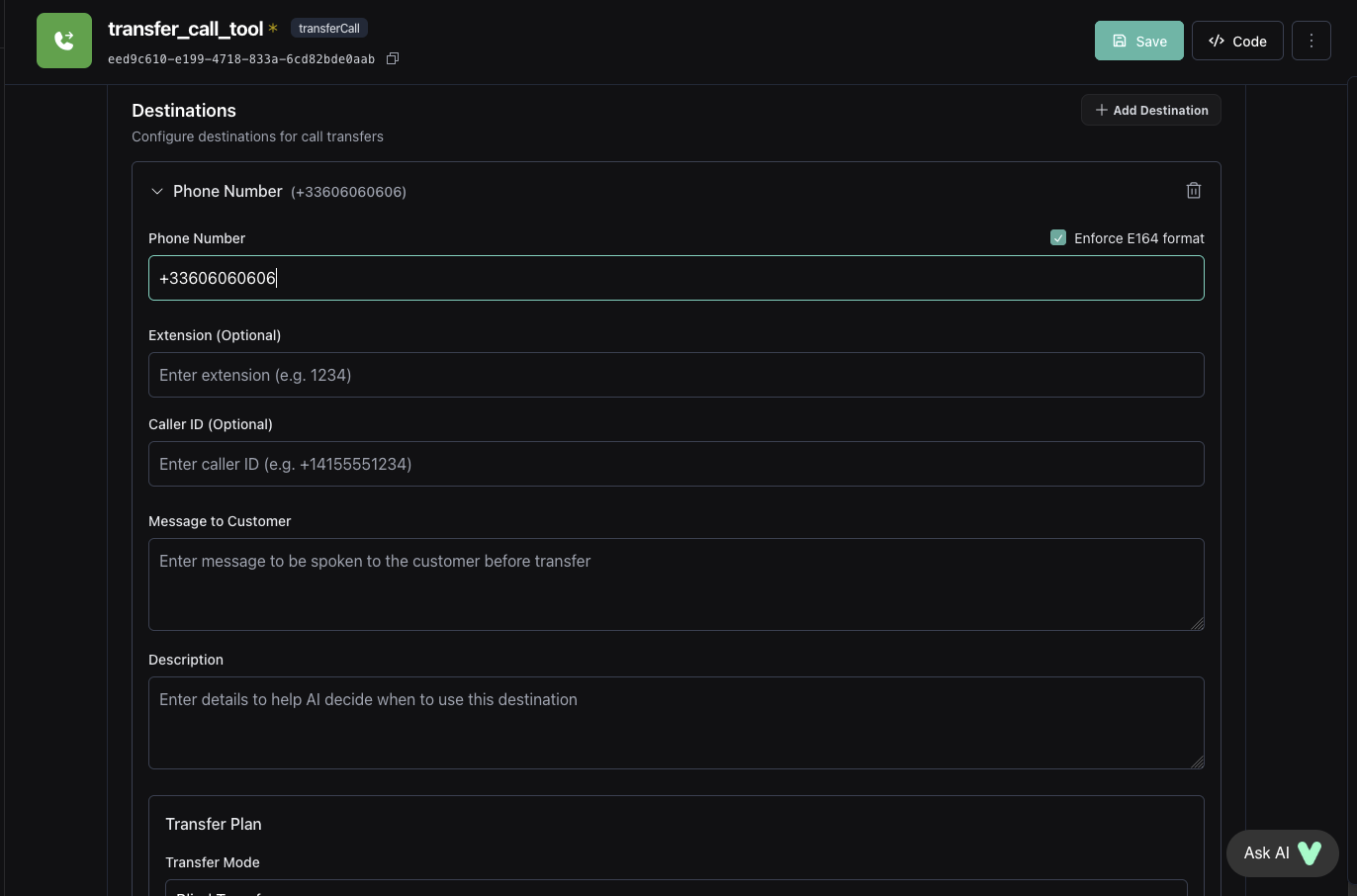 Configuration des destinations de transfert