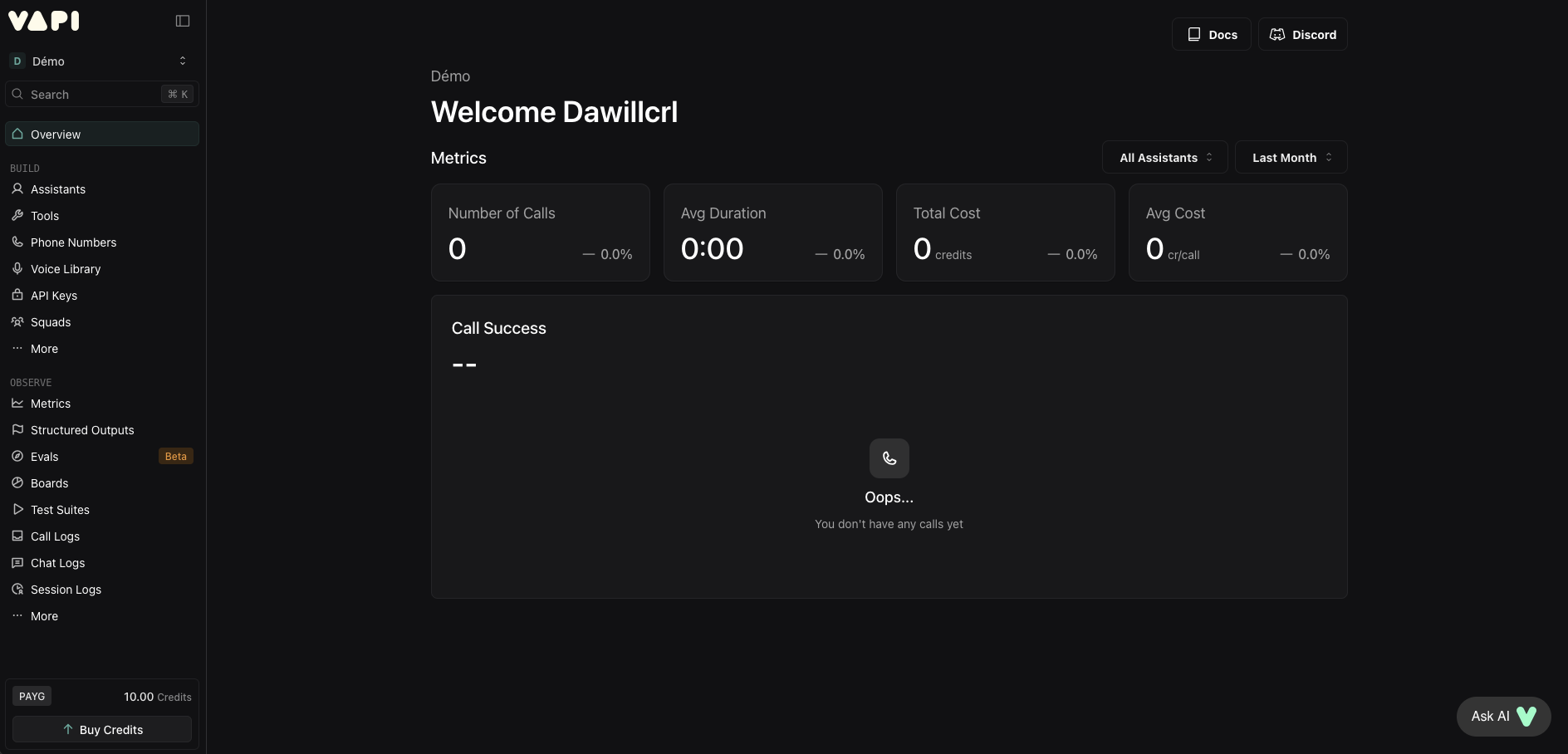 Dashboard VAPI après connexion