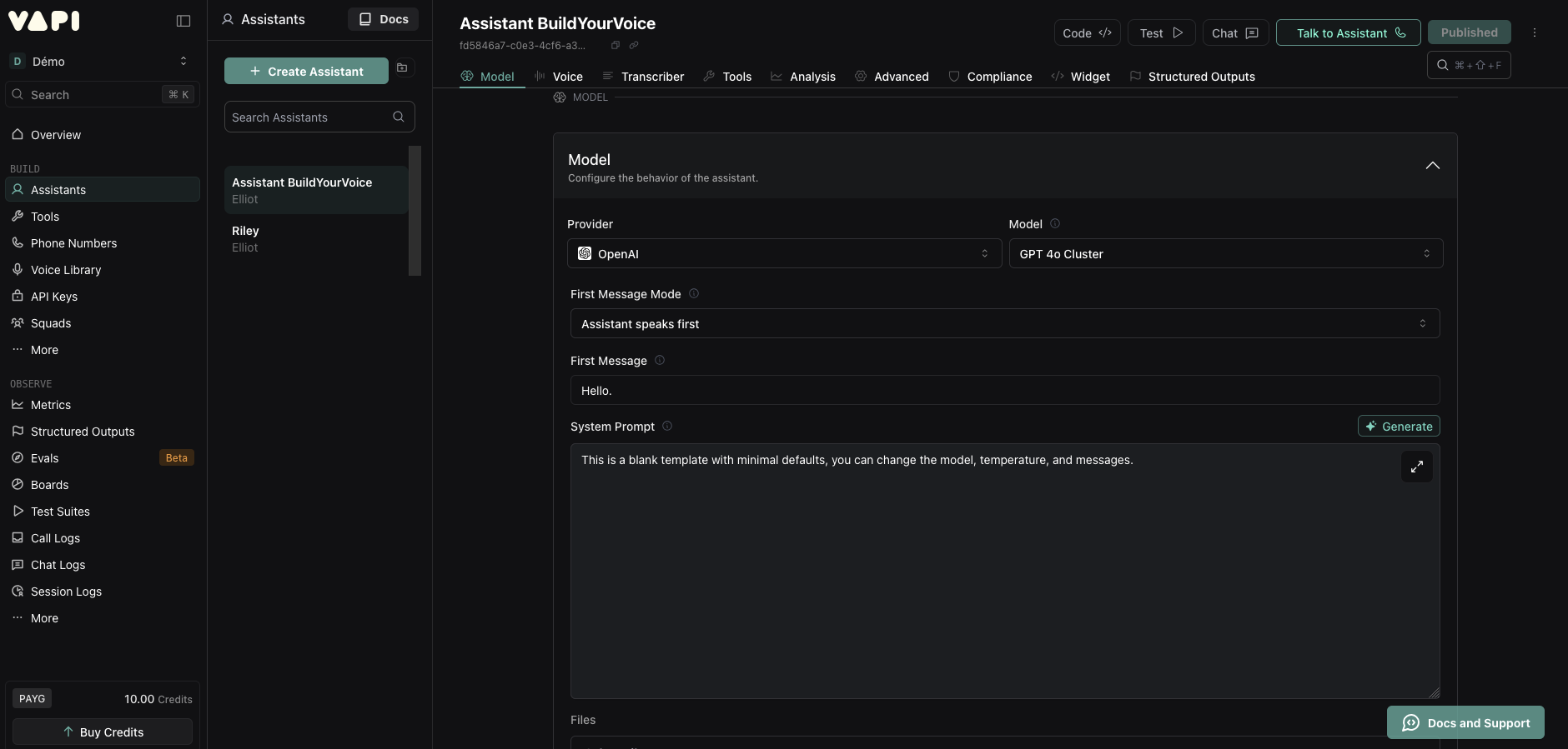 Écran de configuration de l'assistant VAPI