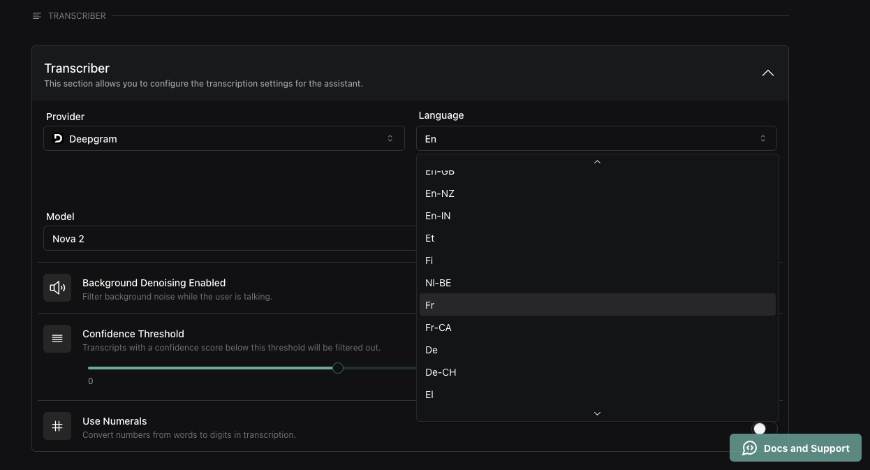 Configuration du transcriber en français
