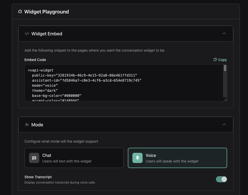 Code d'intégration du widget VAPI