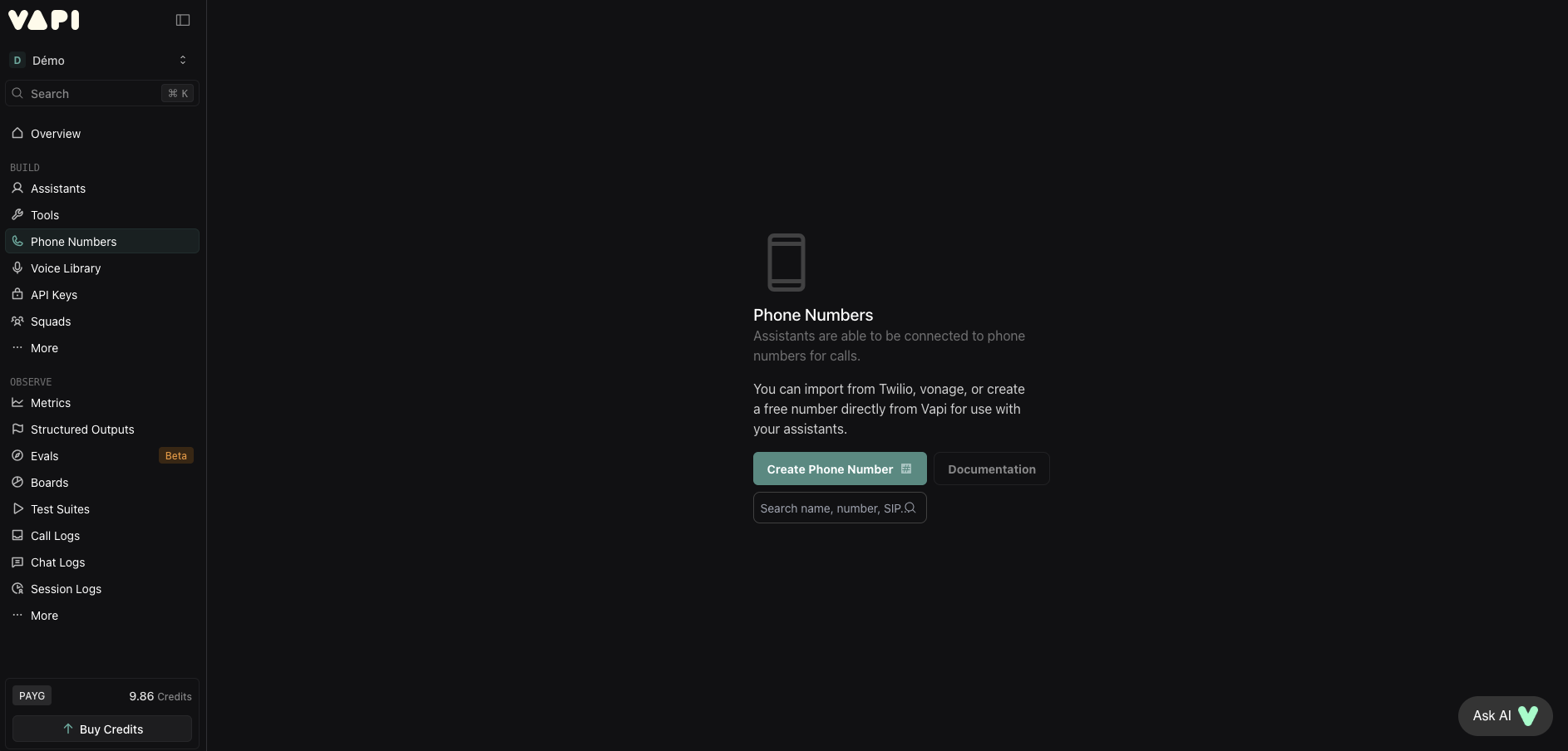 Interface de création d'un numéro VAPI
