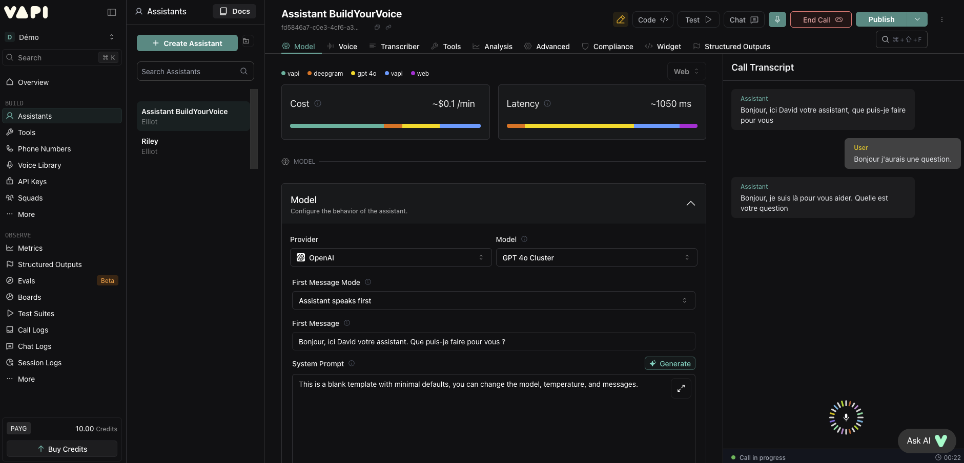 Interface de test de l'agent VAPI