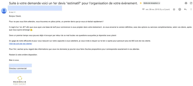 Email d'envoi du devis avec lien de signature électronique intégré