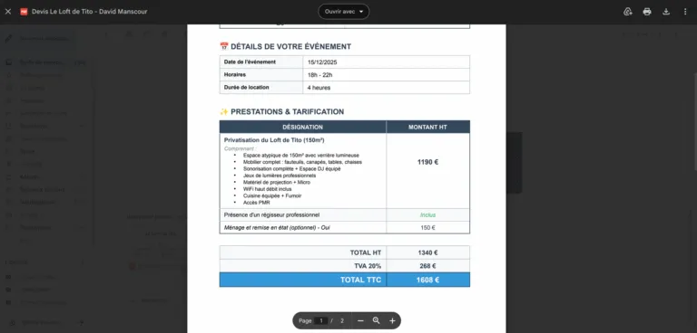 Devis PDF généré et envoyé automatiquement dans WhatsApp
