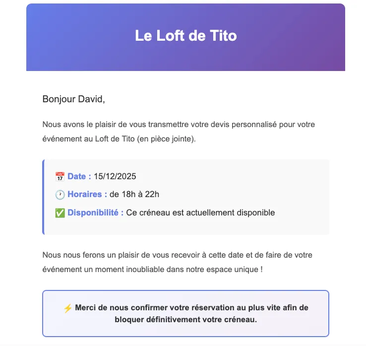 Email de confirmation envoyé automatiquement au client