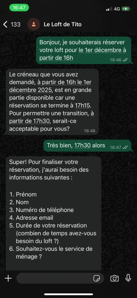 Conversation WhatsApp avec l'agent IA — qualification et collecte des informations