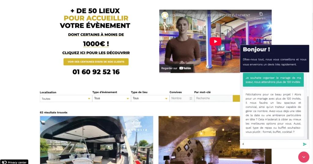 Widget de l'agent conversationnel intégré sur le site Magnolia