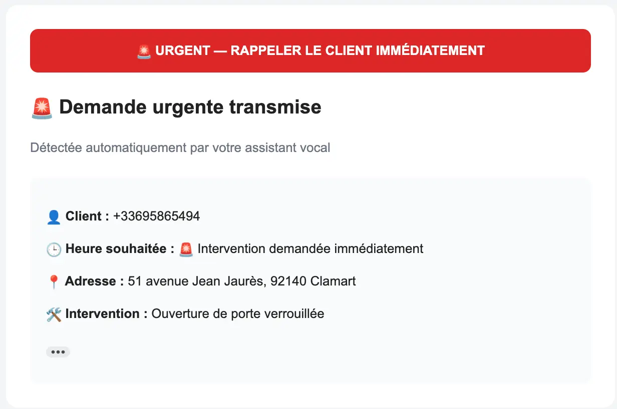 Email d'urgence avec bouton de rappel direct